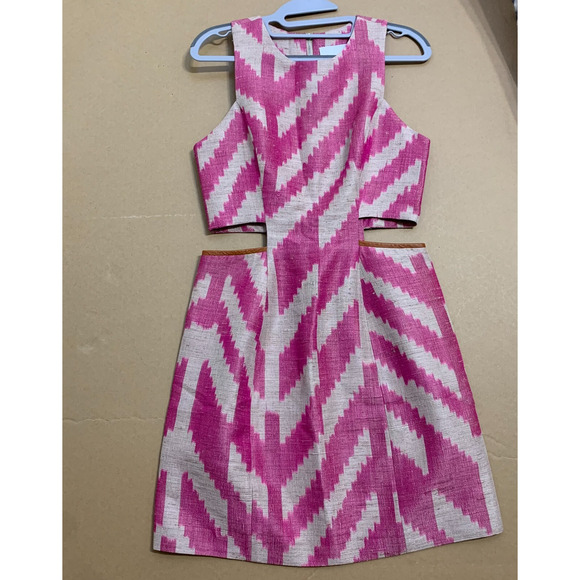 MORGAN CARPER Nomad Pink/Cream Raw Silk Cut Out Dress Lamb Leather Trim - Picture 14 of 16